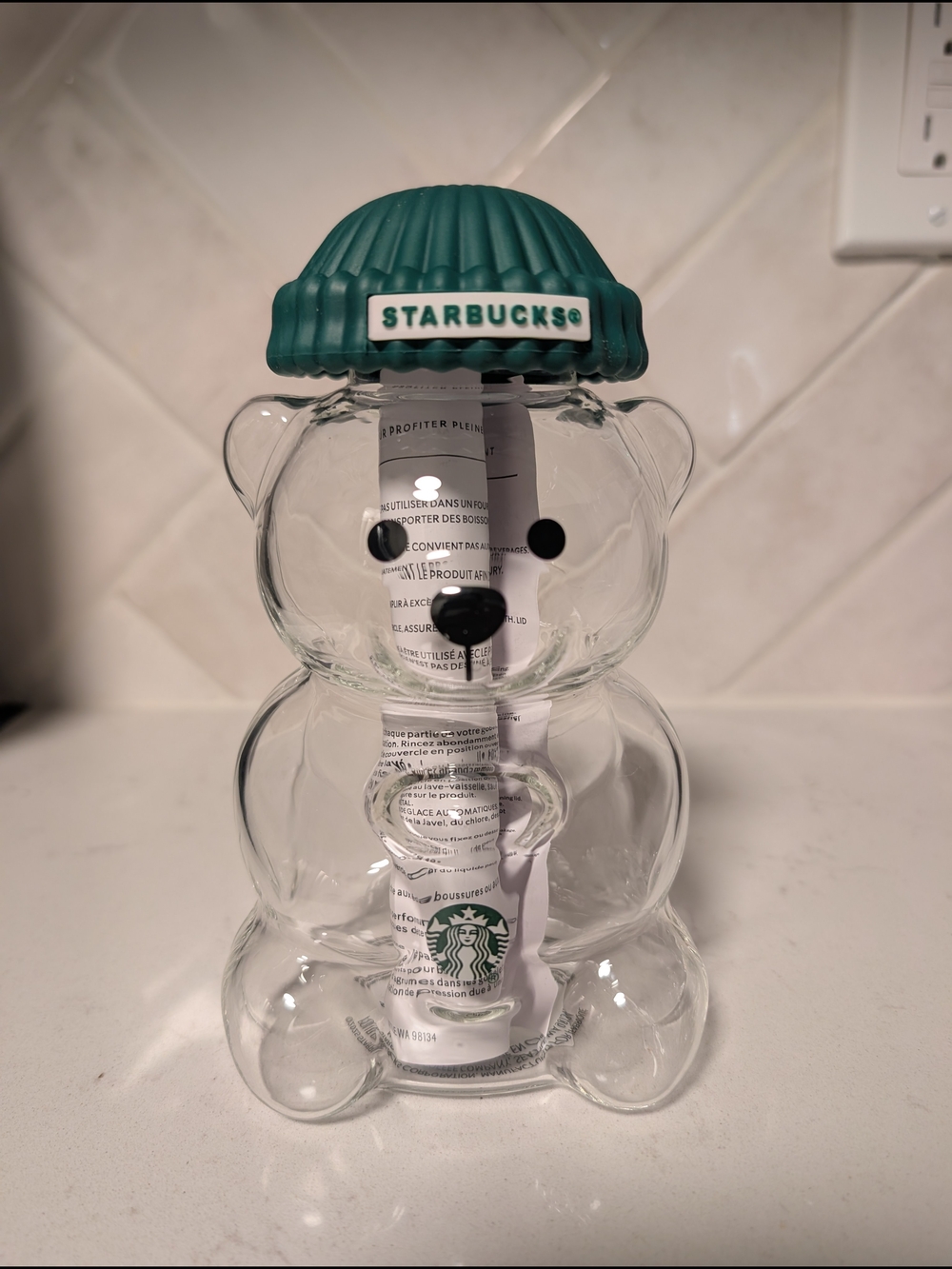 Starbucks Teddy Bear Bearista Barista Green Hat Glass Cold Cup 20oz USA Limited - Picture 5 of 8